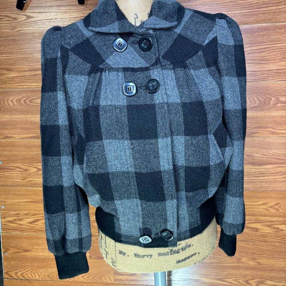 Via Spiga Womens Bomber Y2K Jacket Black Gray Plaid Lined Zip Up Wool Blend XS